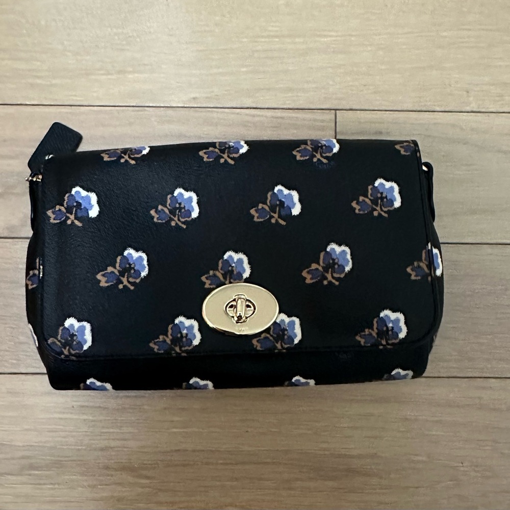 Coach Floral Print Leather Crossbody / Clutch – Black – Adjustable Strap